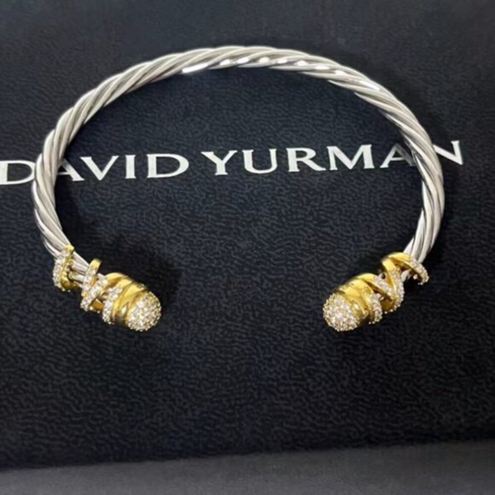 David Yurman Helena Cable Bracelet 925 Silver 18K and Domes with Pave Di…